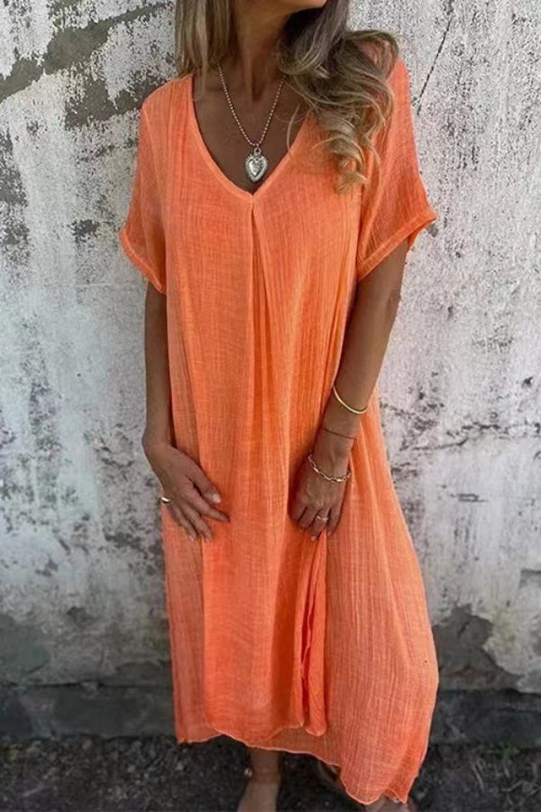 EP | Col en V Coupe ample Coton Lin Robe midi