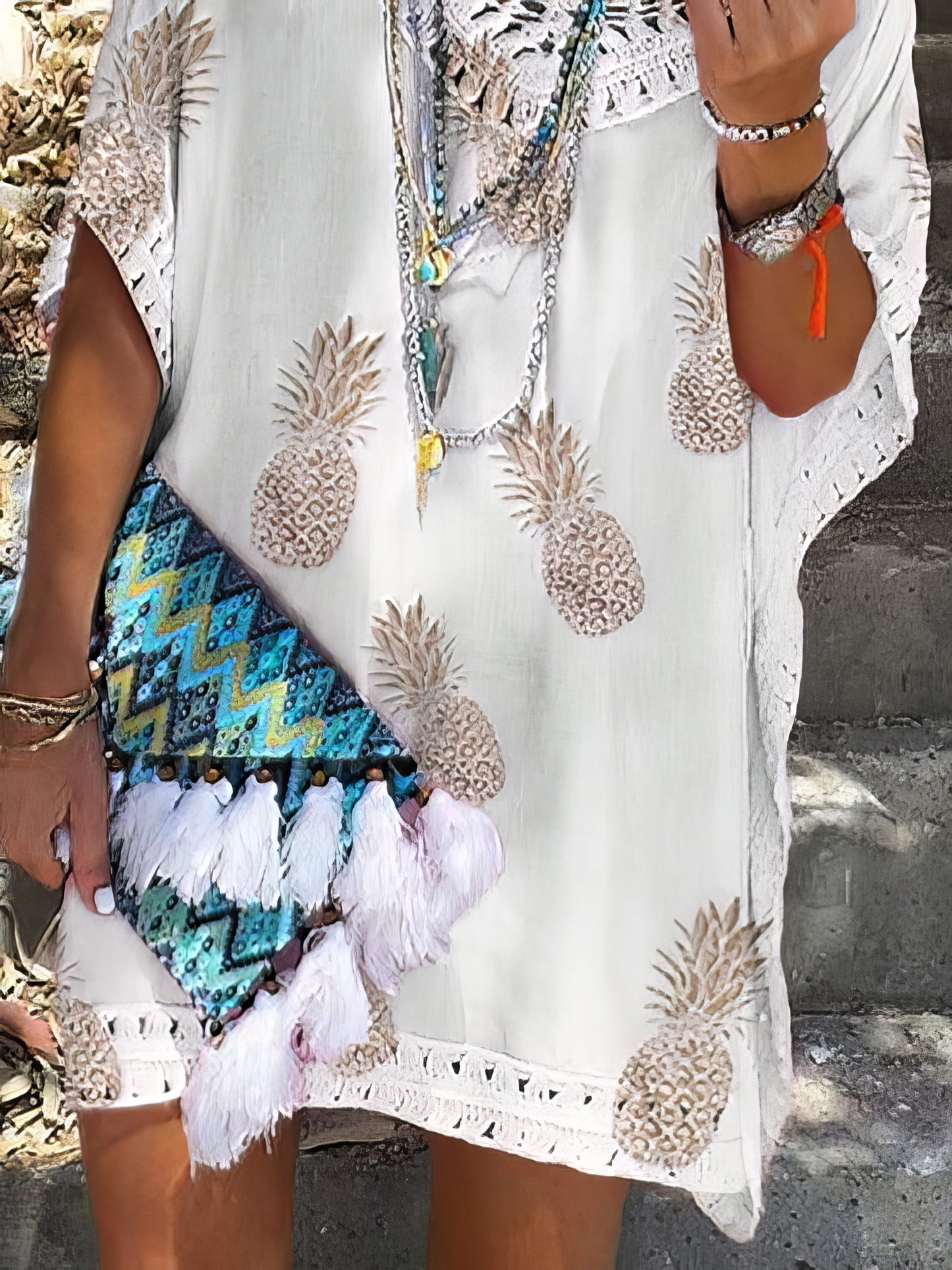 EP | occasionnels en vrac en dentelle col V Ananas Imprimer Mini-robe