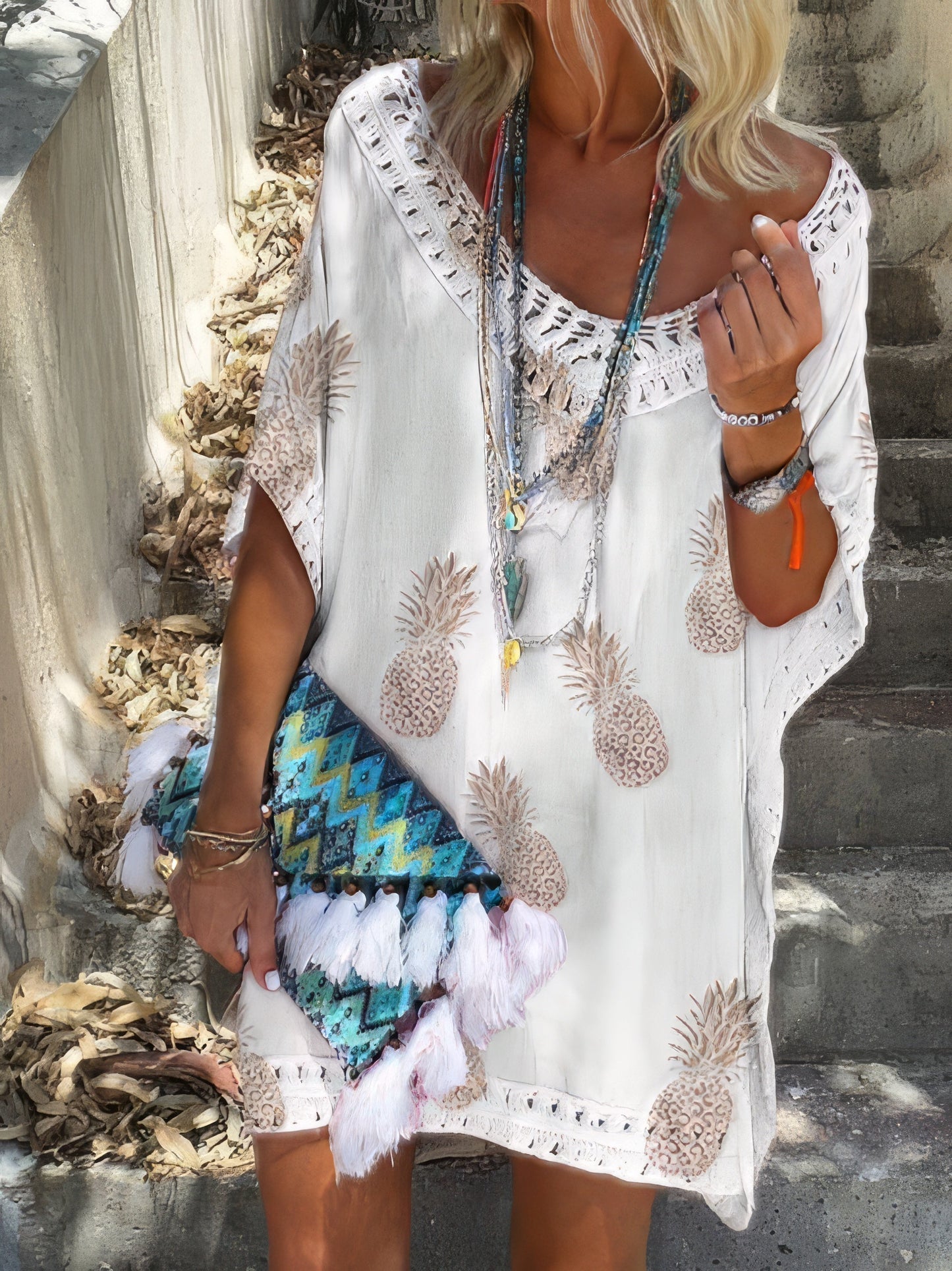 EP | occasionnels en vrac en dentelle col V Ananas Imprimer Mini-robe