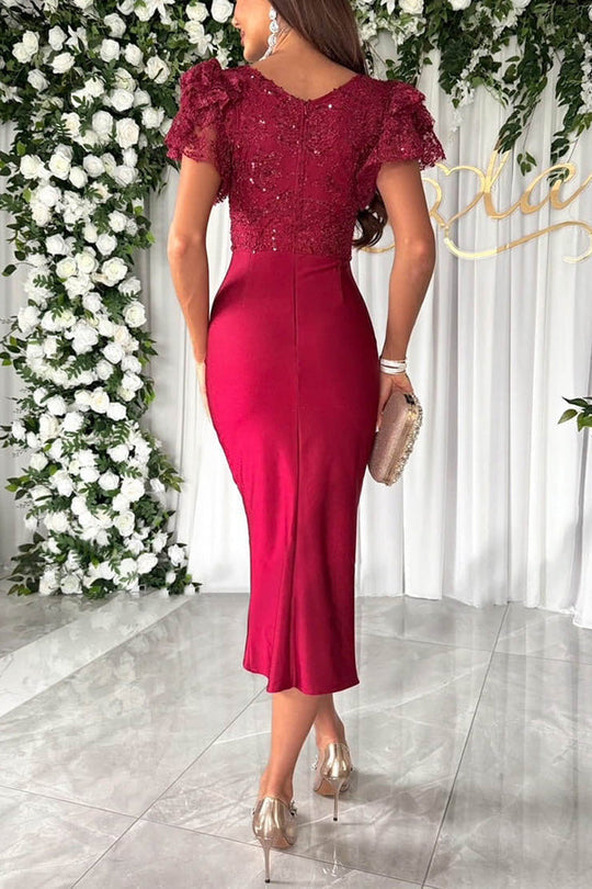 EP | Dreamy dentelle de luxe et de satin à volants manches ruchées robe midi