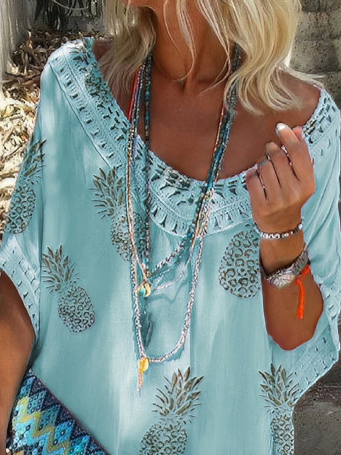 EP | occasionnels en vrac en dentelle col V Ananas Imprimer Mini-robe