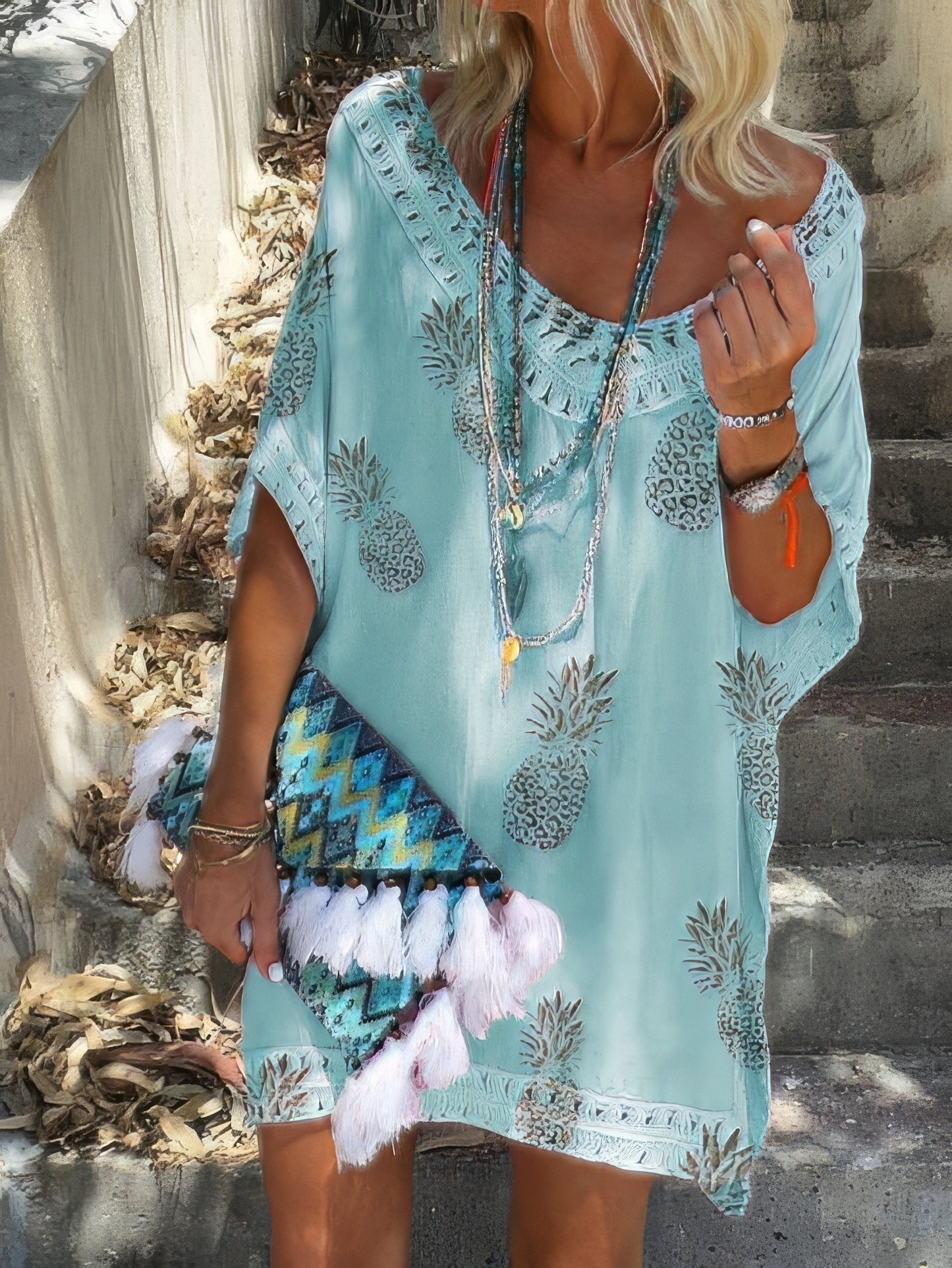 EP | occasionnels en vrac en dentelle col V Ananas Imprimer Mini-robe