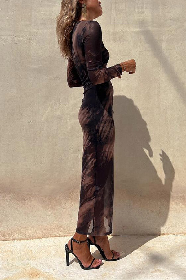 EP | Charm Lady Mesh Overlay Tie Dye Print manches longues ruchées robe midi stretch