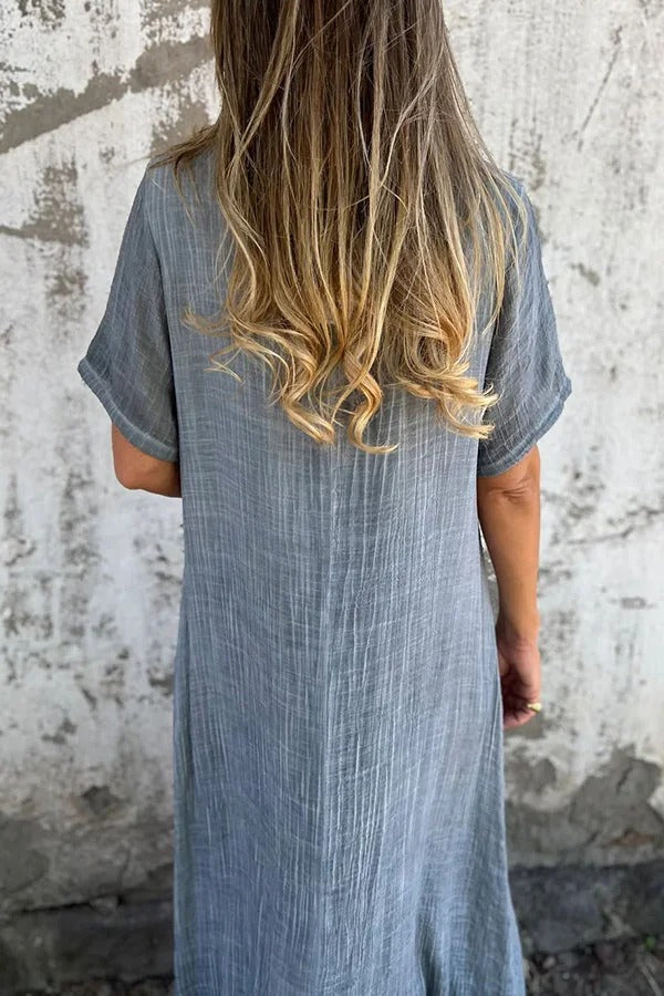 EP | Bayside Bliss mélange lin manches courtes robe midi plissée ample