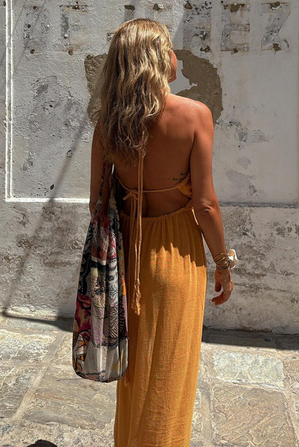 EP | Mélange de lin Taille élastique Halter Dos nu Fente Robe midi
