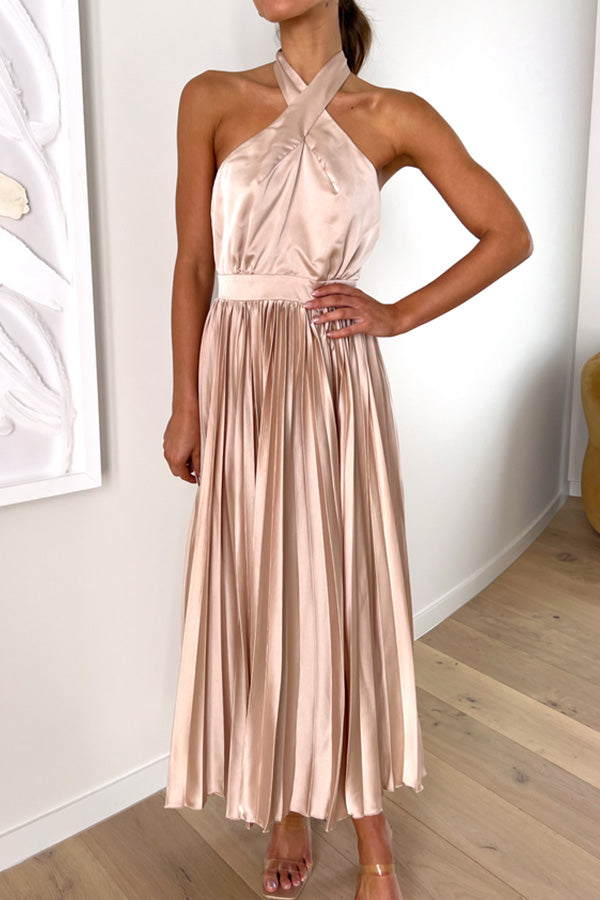 EP | Beaming Smile Robe midi plissée en satin ras du cou