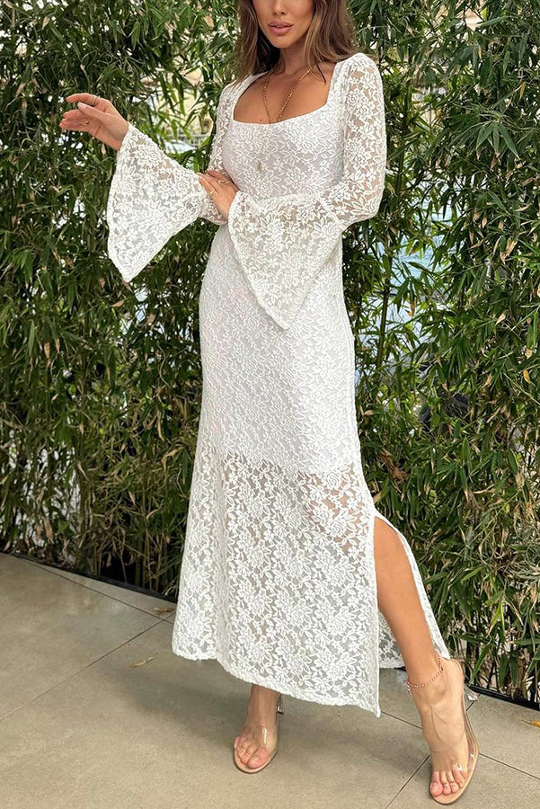 EP | Luxe Lifestyle Dentelle Carré Décolleté Cloche Manches Doublé Fente Robe Midi