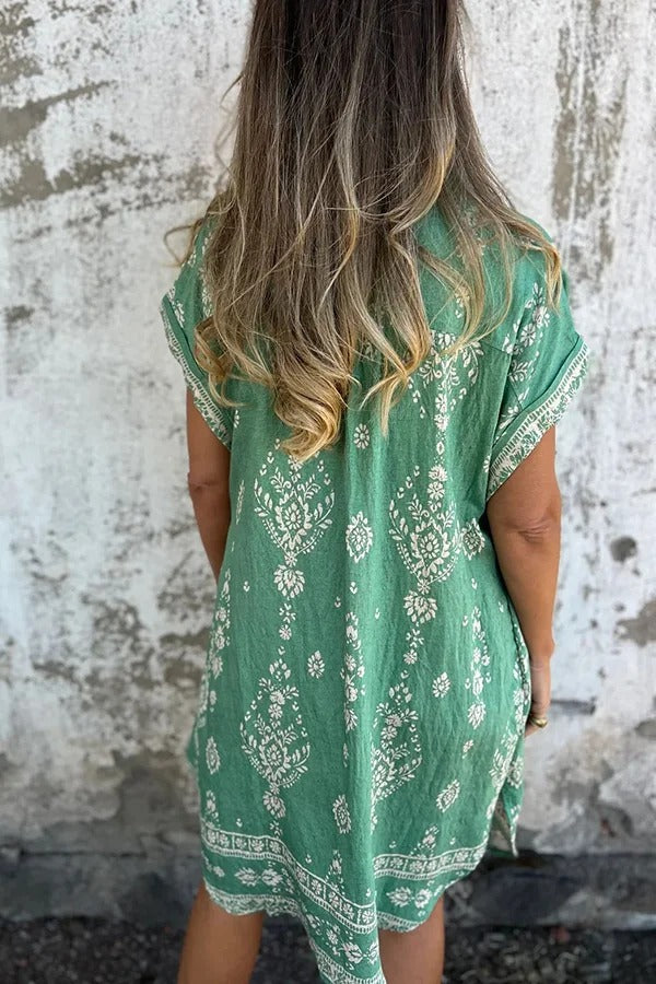 EP | Mélange de lin Impression unique Revers occasionnelle poche Mini-robe