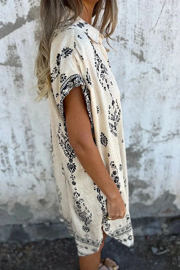 EP | Mélange de lin Impression unique Revers occasionnelle poche Mini-robe