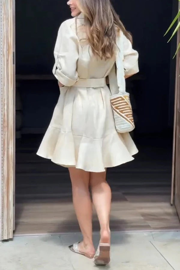 EP | Couleur solide Casual Revers de poche Ruffle Lose Mini Robe