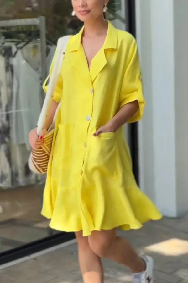 EP | Couleur solide Casual Revers de poche Ruffle Lose Mini Robe