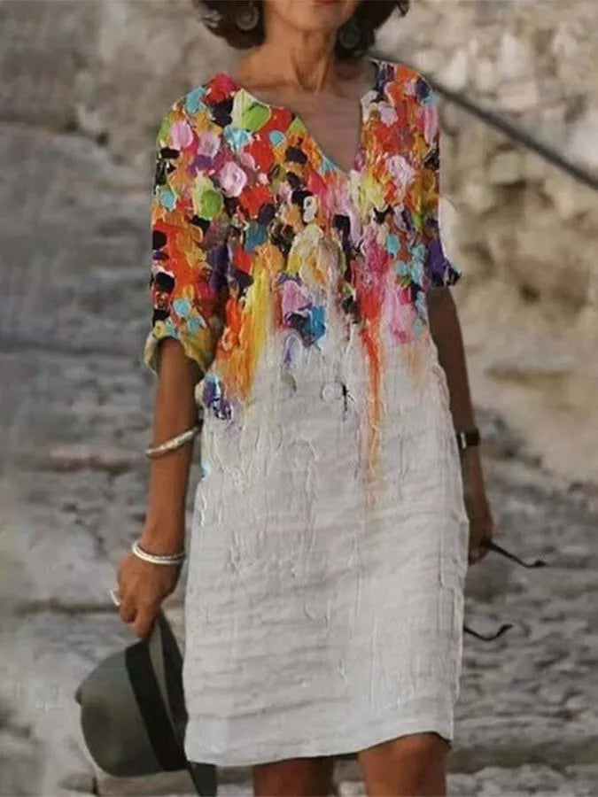 ND | Robe en lin de coton pour femme avec décolleté et imprimé peinture à l'huile