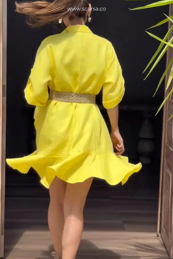 EP | Couleur solide Casual Revers de poche Ruffle Lose Mini Robe