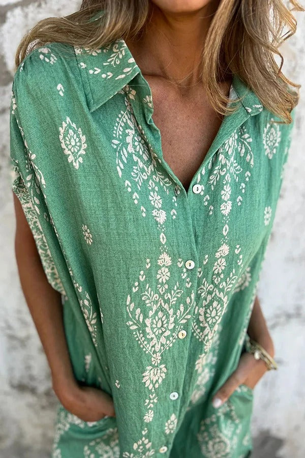 EP | Mélange de lin Impression unique Revers occasionnelle poche Mini-robe