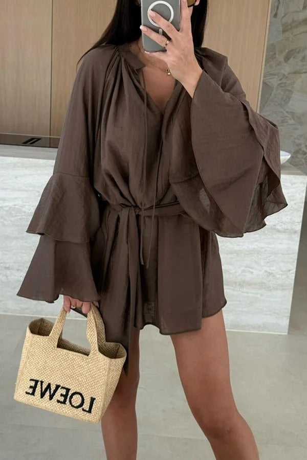 EP | Mélange de lin Molly Tiered Bell Sleeve Tie-up Cover-up Mini-robe
