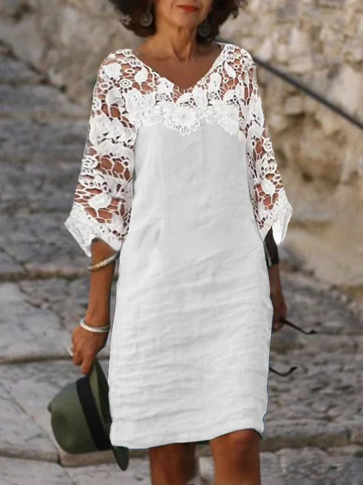 ND | Robe simple col en coton et lin à manches courtes pour femme