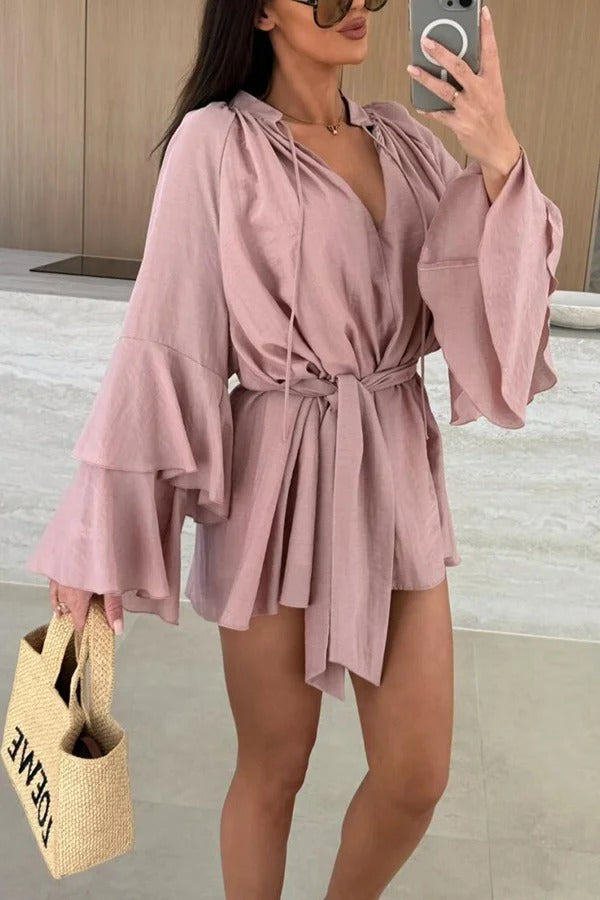 EP | Mélange de lin Molly Tiered Bell Sleeve Tie-up Cover-up Mini-robe