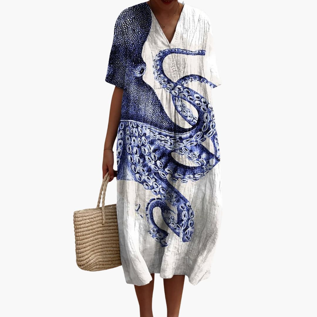 EP | Robe midi pour femme avec manches courtes et imprimé animal marin