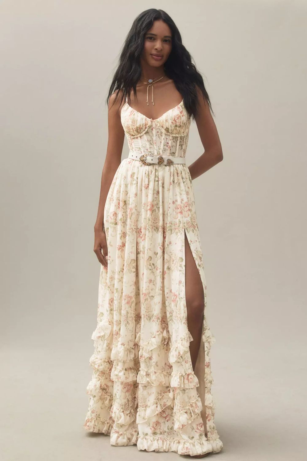 EP | Robe longue style corset avec fines bretelles, ourlet à volants et imprimé floral