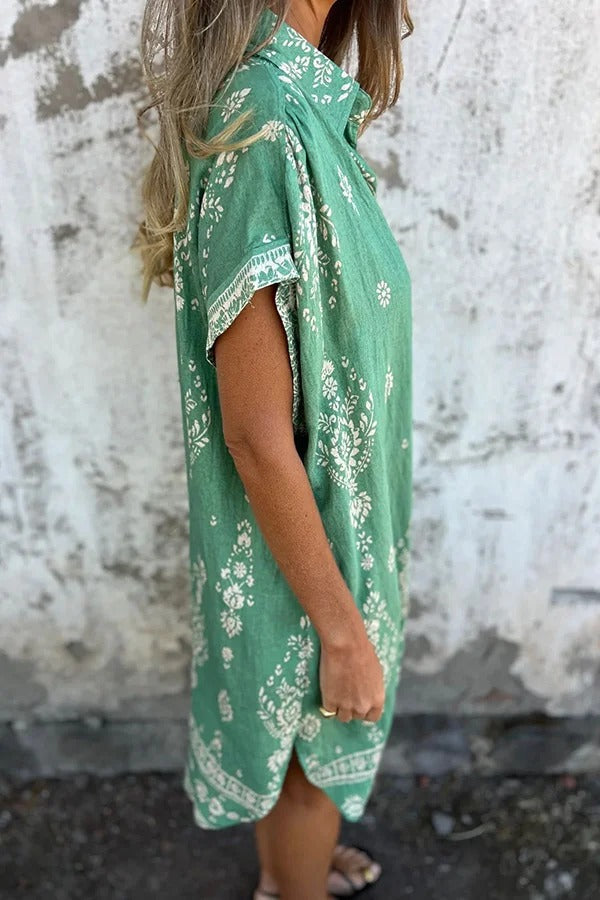 EP | Mélange de lin Impression unique Revers occasionnelle poche Mini-robe