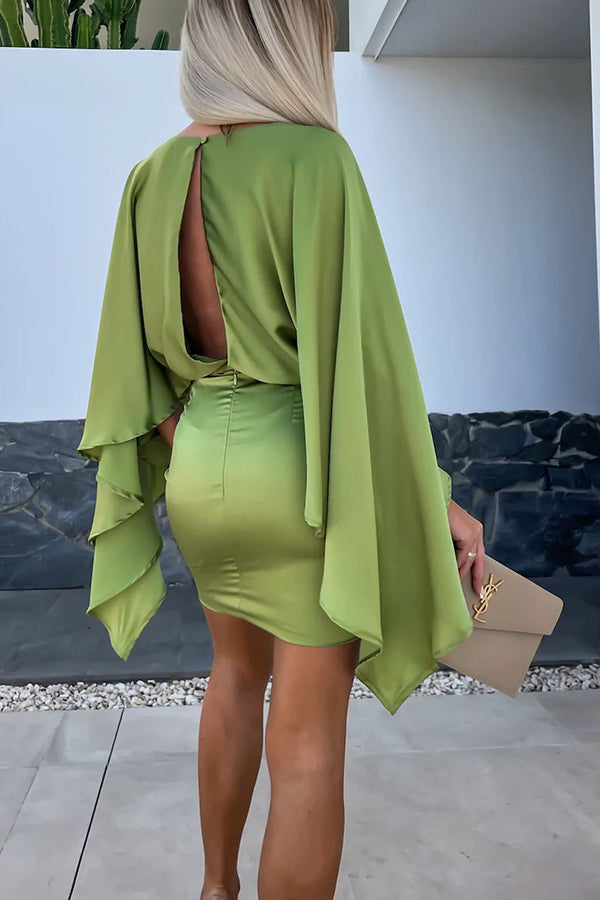 EP | Belle Ailes Satin Papillon Manches Taille Élastique Mini-robe Formelle