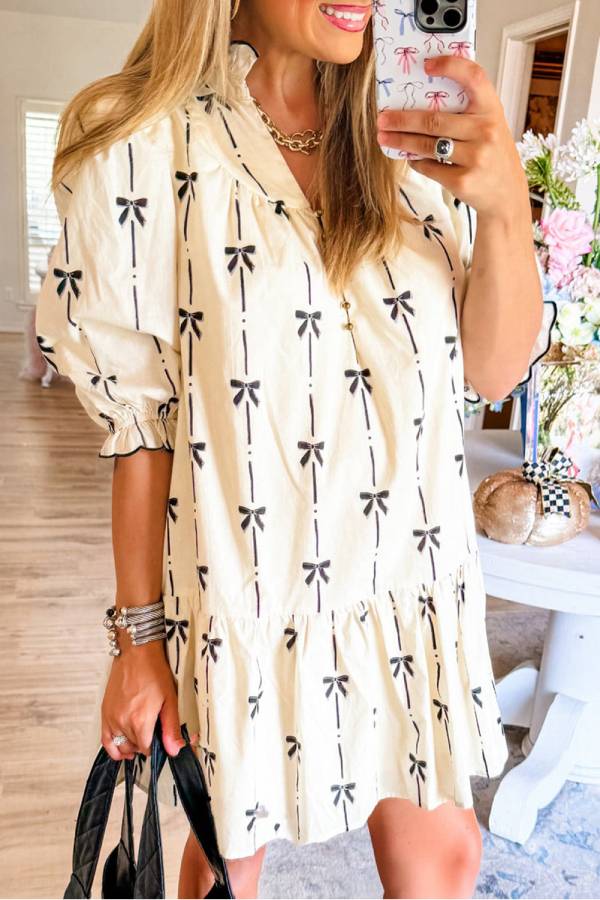 EP | Beige Mignon bowknot imprimé bulle manches col V Mini-robe