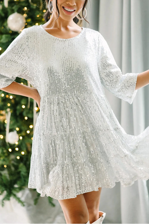 EP | Paillettes argentées Party Demi-manches Encolure ronde Mini-robe