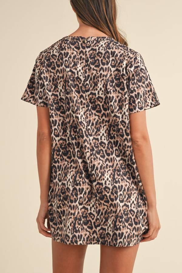 EP | Brown Leopard Print Mini-robe à manches courtes avec poche