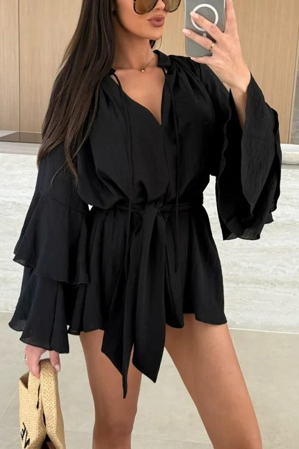 EP | Mélange de lin Molly Tiered Bell Sleeve Tie-up Cover-up Mini-robe