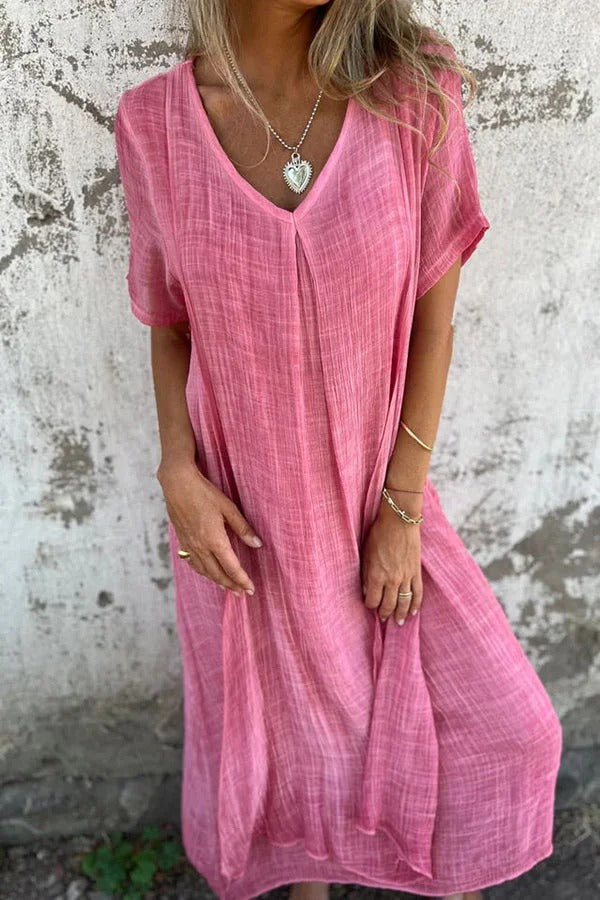 EP | Bayside Bliss mélange lin manches courtes robe midi plissée ample
