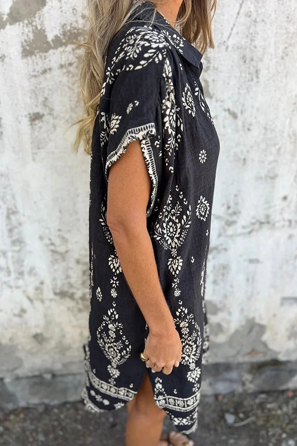 EP | Mélange de lin Impression unique Revers occasionnelle poche Mini-robe