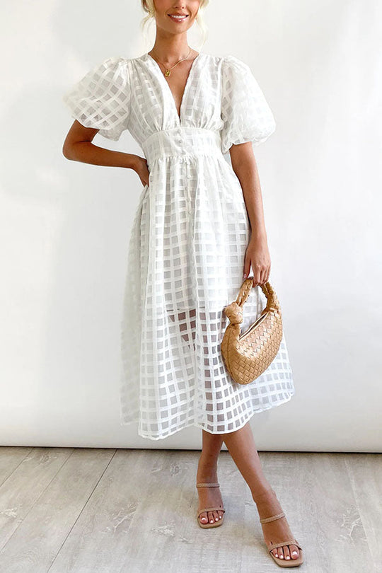 EP | Remarkable Beauty Carré Tissu à motifs Manches bouffantes Robe Midi de fête