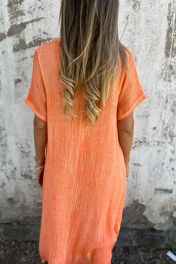 EP | Bayside Bliss mélange lin manches courtes robe midi plissée ample