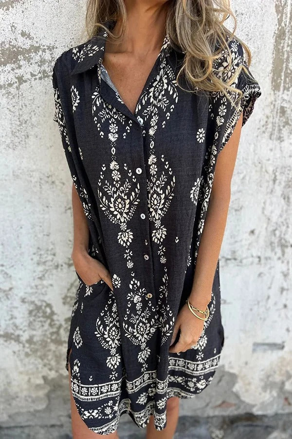 EP | Mélange de lin Impression unique Revers occasionnelle poche Mini-robe