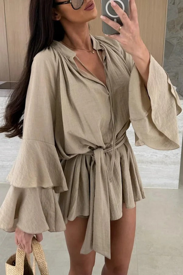 EP | Mélange de lin Molly Tiered Bell Sleeve Tie-up Cover-up Mini-robe