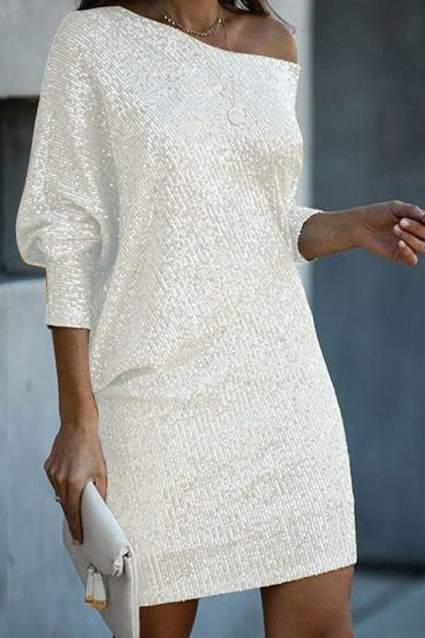 EP | Paillettes solides Off-shoulder Mini Robe en vrac
