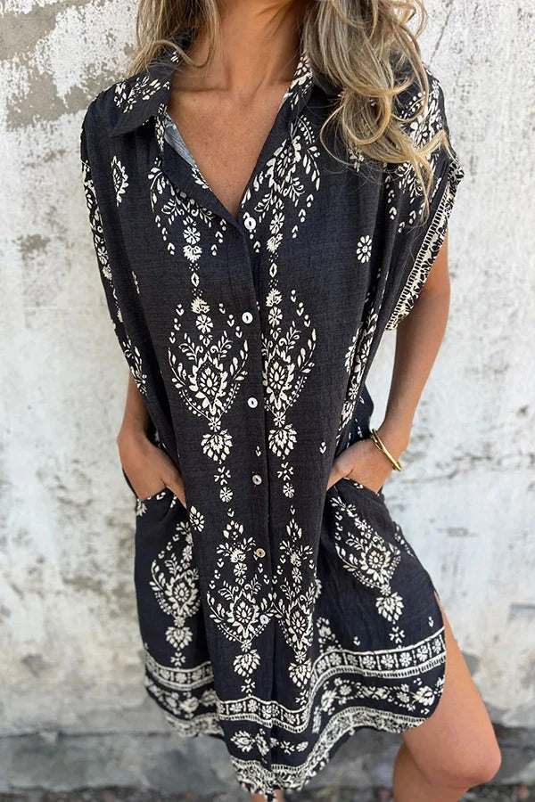 EP | Mélange de lin Impression unique Revers occasionnelle poche Mini-robe