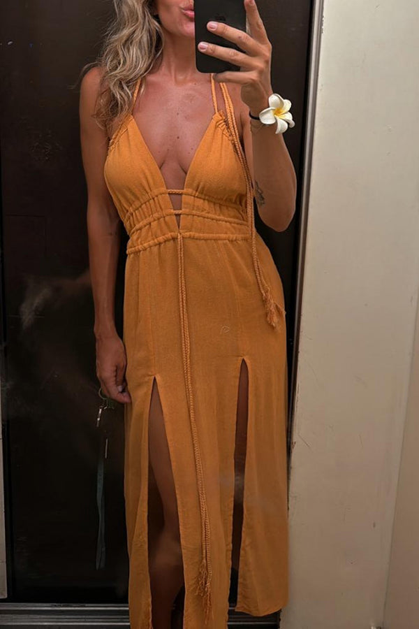 EP | Mélange de lin Taille élastique Halter Dos nu Fente Robe midi