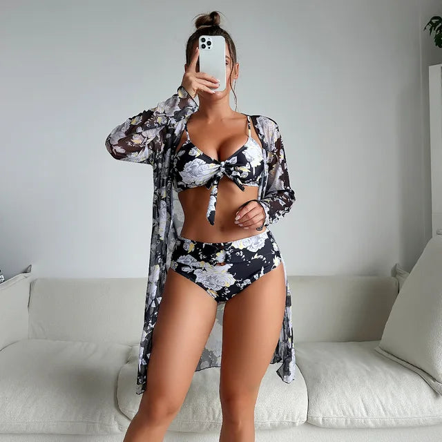 EP | Bikini d'été élégant avec une taille haute et un imprimé floral