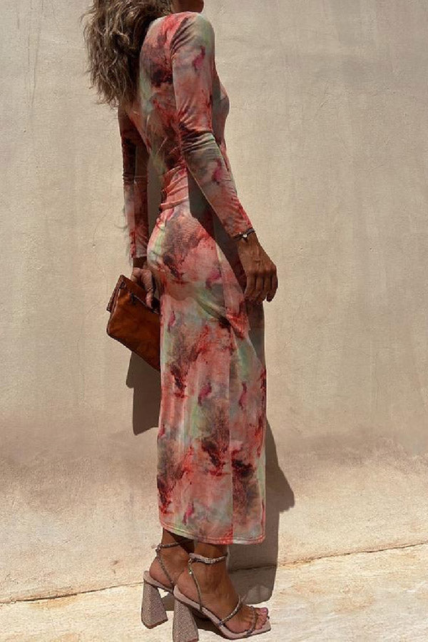 EP | Charm Lady Mesh Overlay Tie Dye Print manches longues ruchées robe midi stretch