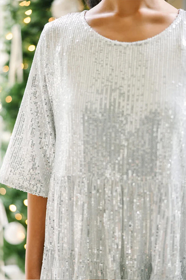 EP | Paillettes argentées Party Demi-manches Encolure ronde Mini-robe