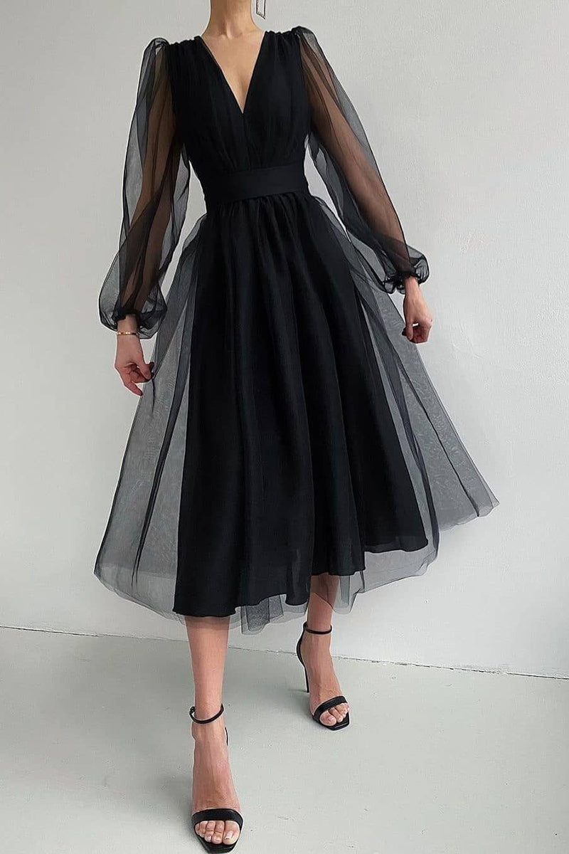 EP | col V tulle robe midi manches longues