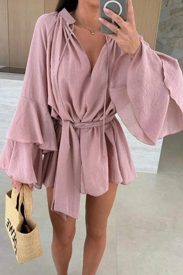 EP | Mélange de lin Molly Tiered Bell Sleeve Tie-up Cover-up Mini-robe