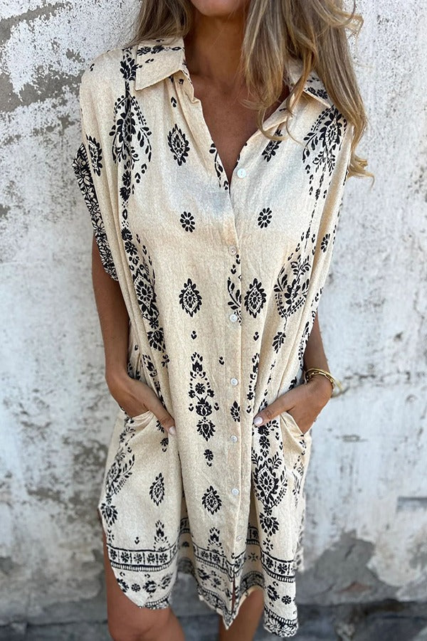 EP | Mélange de lin Impression unique Revers occasionnelle poche Mini-robe