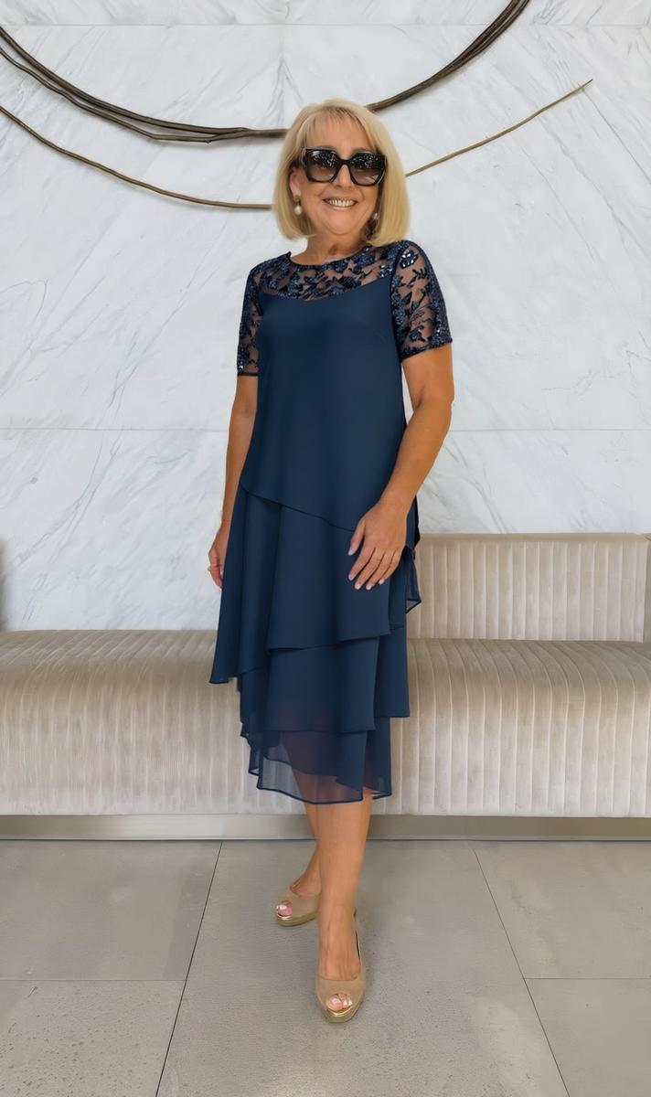 EP | Robe midi unie bleu marine à manches courtes
