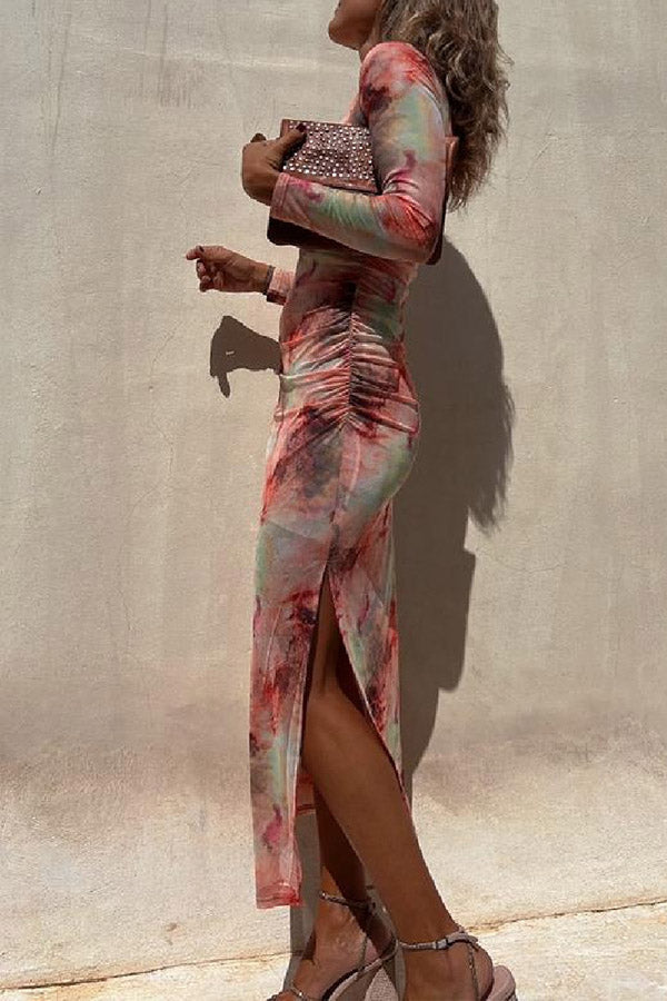 EP | Charm Lady Mesh Overlay Tie Dye Print manches longues ruchées robe midi stretch
