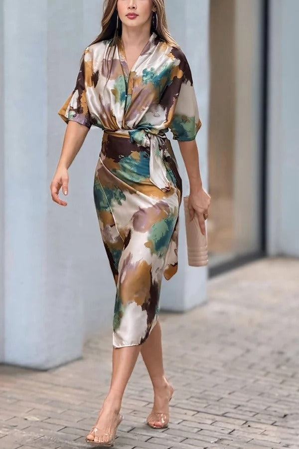 EP | Cityscape Moment Satin Tie Dye Print Demi-manches Wrap Robe Midi