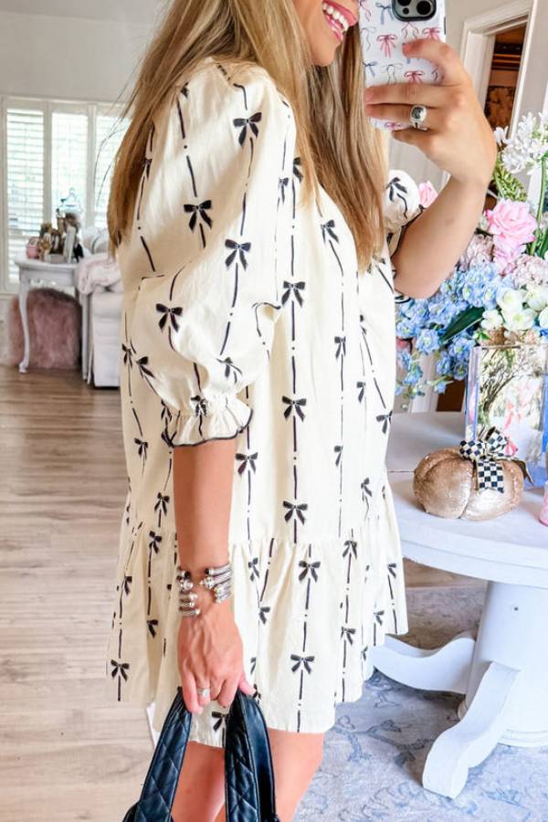 EP | Beige Mignon bowknot imprimé bulle manches col V Mini-robe