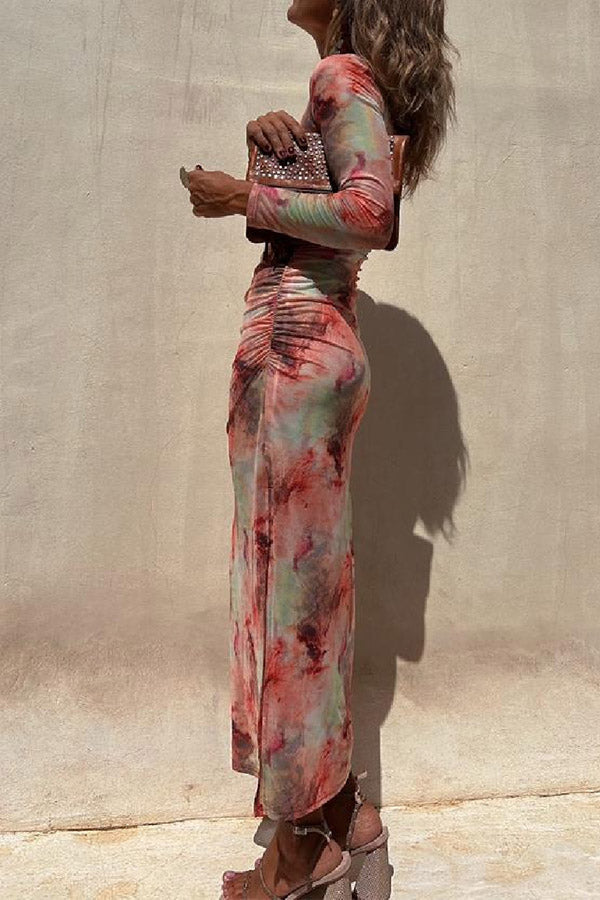EP | Charm Lady Mesh Overlay Tie Dye Print manches longues ruchées robe midi stretch