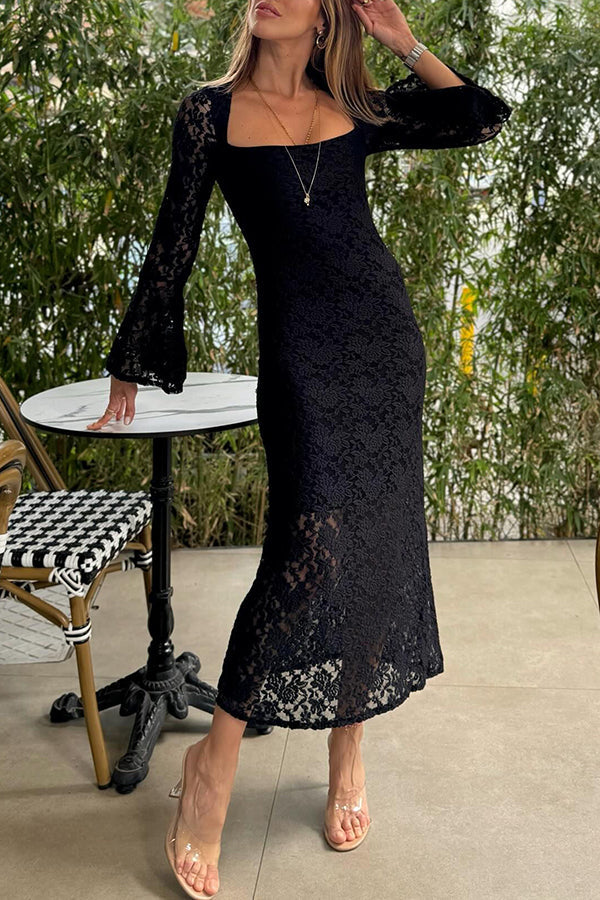 EP | Luxe Lifestyle Dentelle Carré Décolleté Cloche Manches Doublé Fente Robe Midi